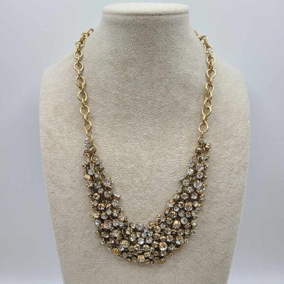 J Crew Clear Crystal Gold Tone Bib Necklace Vintage - Picture 11 of 12